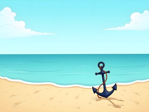 anchor illustration on sandy beach and sea background, maritime and nautical adventure theme