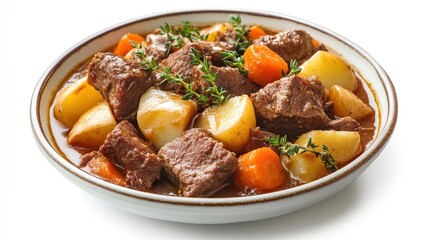 Hearty beef stew with chunks of tender beef, potatoes, and carrots in a rich brown gravy, garnished with fresh thyme sprigs, served in a shallow white bowl against a bright white background
