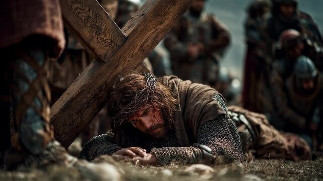 Concept photo of Jesus falling for the second time The weight of the cross proves too much for Jesus to bear, and He falls to the ground once again. This image shows the raw pain and