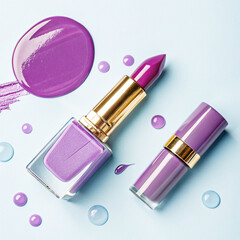 Lavender Lux Glamorous Flat Layer of Lipstick and Nail Polish Duo, a stylish flat layer of luxurious lavender lipstick and matching nail polish on a pastel blue background, 