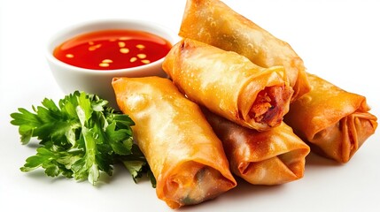 Golden-brown crispy egg rolls, plump and glistening, piled attractively with a small bowl of vibrant red sweet chili sauce and a garnish of fresh parsley sprigs on a white background