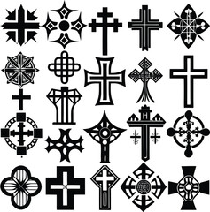 Diverse Collection of Black and White Cross Designs on a White Background
