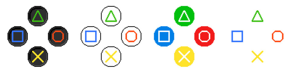 Pixel game controller button vector for retro gaming interfaces, digital entertainment, or arcade-themed designs. Ideal for representing controls, play, or selection in pixel art. © Xharites