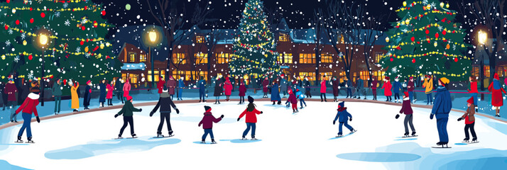 Outdoor ice skating rink with diverse crowd family and friends skating together during festive winter holiday night with decorated Christmas trees and snowflakes falling in city park