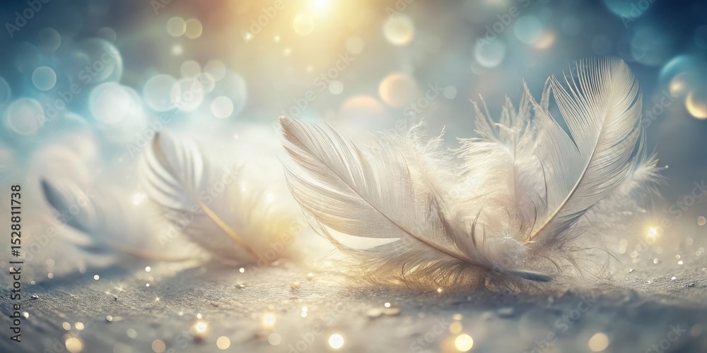 Wall mural soft, delicate feathers resting gently on a shimmering surface, illuminated by a warm, ethereal ligh