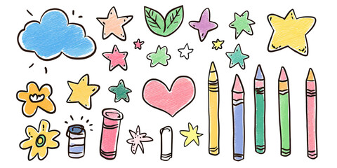 Hand drawn colorful crayon doodle set with stars hearts flowers leaves chalk sketch children playful decorative elements vector illustration