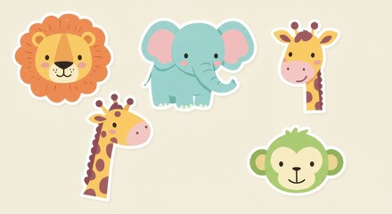 Naklejka premium Cute Cartoon Safari Animal Stickers Set