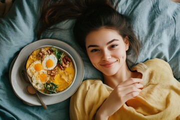Woman happily enjoying a leisurely breakfast in bed with a delicious spread on a cozy morning, Woman Enjoying Breakfast in Bed