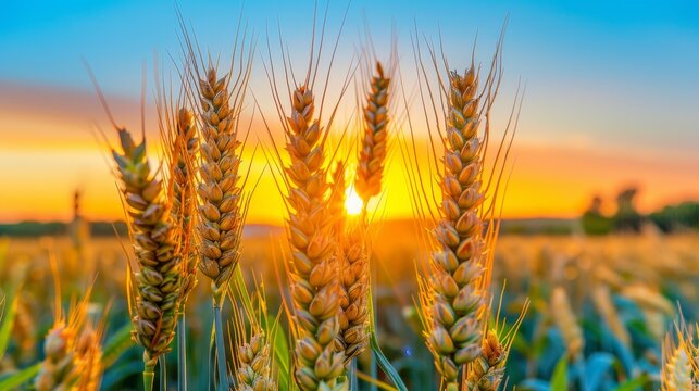 Golden wheat sheaf illuminated by sunset in a tranquil rural field landscape at dusk - Powered by Adobe