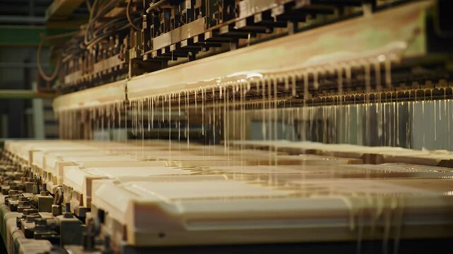 Automated Liquid Coating Application on Wood Panels in Factory Setting Eye Level View