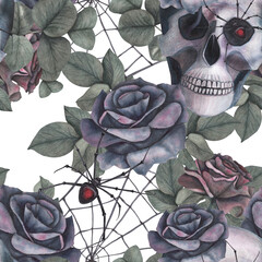 Seamless pattern Scull, dark roses with black spider, cobweb isolated on white background. Watercolor hand drawn illustration. Art design mystical graphics Halloween witch fabric, textile decoration