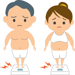 体重計に乗るダイエット中の男性と女性