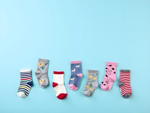 Mismatched baby and kids socks of various patterns populate a light blue backdrop in celebration of Odd Socks Day Lonely Sock Day or as a symbol for antibullying week or Down Syndrome Awareness