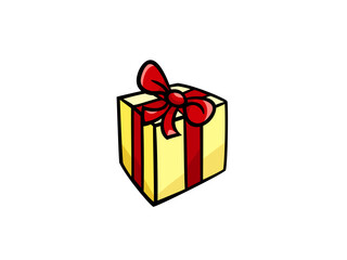 A festive yellow gift box with a bright red ribbon and bow making a perfect present for any occasion