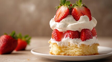 A delectable shortcake, layered with fluffy whipped cream and juicy strawberries, sits on a small white plate.  Fresh strawberries are blurred in the foreground
