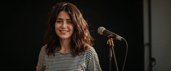 Portrait of a Smiling Woman Next to a Microphone, Ready to Sing Her Heart Out.