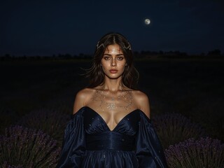 Ethereal Beauty. A Young Woman Amidst Lavender Fields Under a Full Moon Night.