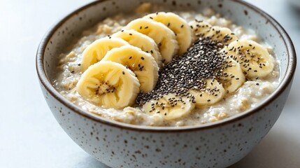Creamy oatmeal in a speckled bowl topped with banana slices and chia seeds.  The oatmeal appears thick and subtly sweet, garnished simply yet elegantly