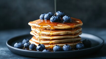 A stack of golden pancakes drizzled with syrup and topped with fresh blueberries sits on a dark plate against a moody background