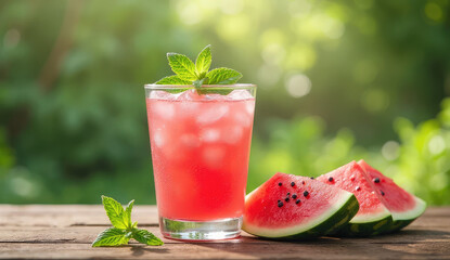 Refreshing Watermelon Mint Drink on a Wooden Table