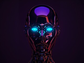 Cybernetic Portrait. A Futuristic Android with Luminous Eyes and Metallic Reflections.