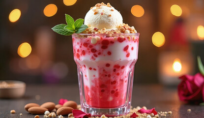 Delicious layered dessert drink with ice cream, berries, and nuts