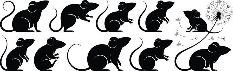 Silhouette mice vector illustration, black mouse set with dandelion, animal art for print, minimalist design