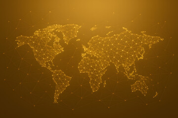 Golden digital world map network, glowing dots and polygon mesh connections on global surface, futuristic data visualization concept for communication, geography, global tech, and internet connection 