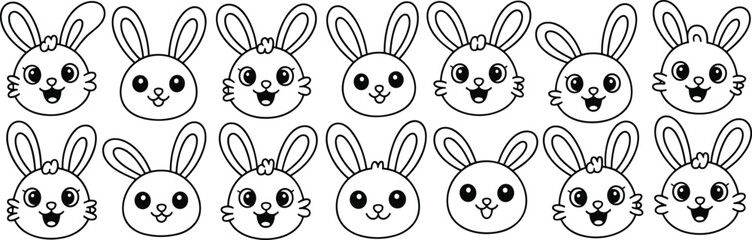Cute cartoon bunny faces pattern, black and white line art, happy rabbit expressions, children coloring book, Easter animal illustration