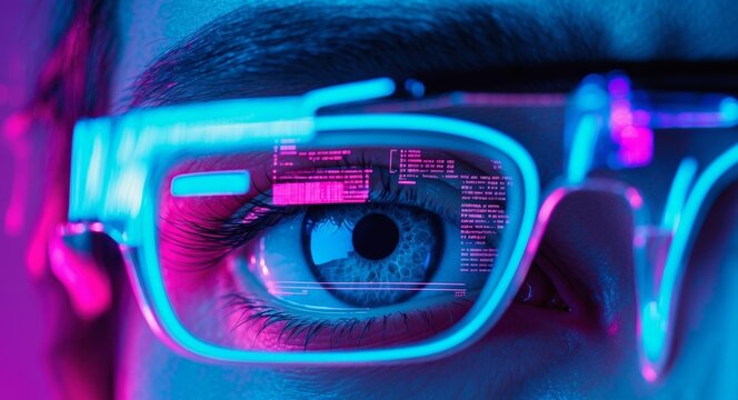 Futuristic Eye with Digital Overlay and Neon Glasses Technological Vision.