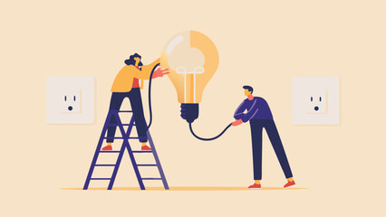 Teamwork and Innovation Two People Working Together to Plug a Light Bulb into an Outlet for a Bright Idea