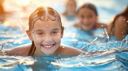 Joyful young girls enjoying a summer day at the pool with fun, friendship, and water splashes