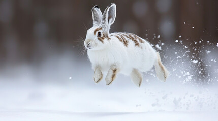 A snowshoe hare leaps energetically across a snow-covered landscape, blending seamlessly with its winter surroundings in a display of natural camouflage