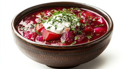A rich, dark-red beet soup in a rustic brown bowl, garnished with a dollop of sour cream and fresh herbs.  The soup appears thick and chunky with visible beet pieces