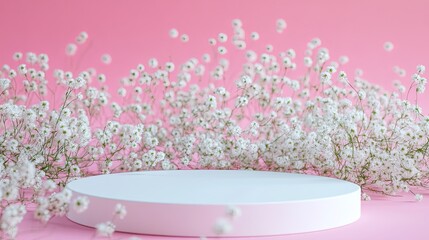 White Podium with Baby's Breath Flowers on Pink Background