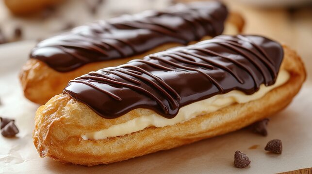 Two golden-brown eclairs, generously coated in rich, dark chocolate ganache with decorative drizzles, sit on parchment paper alongside chocolate chips; creamy custard filling is visible