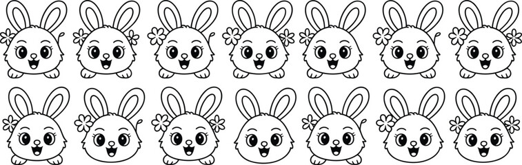 Adorable bunny girls with flower, cute cartoon rabbits in black and white, line art for coloring book, Easter illustration
