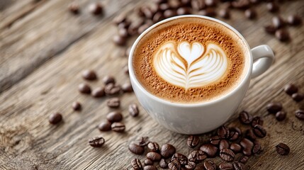 A cup of latte art coffee sits on a rustic wooden surface, surrounded by scattered coffee beans.  The latte features a delicate heart-shaped design in the frothed milk
