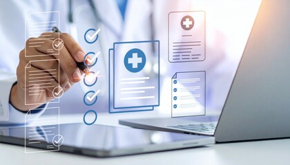 A Online medical checklist and documentation system in use by doctor, concept of smart healthcare. physician assessment expert checks patient care quality, hospital assessment of treatment