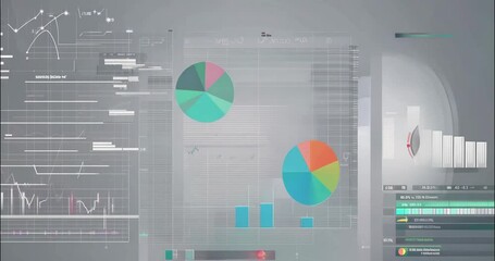 Various charts and graphs on grey background, different data visualizations floating, multiple graph types on grey surface, mixed chart patterns, abstract data graphics - Powered by Adobe