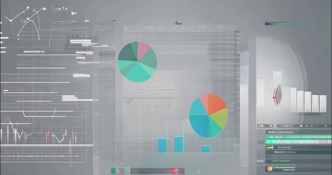 Various charts and graphs on grey background, different data visualizations floating, multiple graph types on grey surface, mixed chart patterns, abstract data graphics