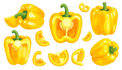 A collection of vibrant yellow peppers, whole and sliced, showcasing their freshness.