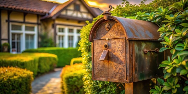 Rustic mailbox nestled amidst vibrant greenery, showcasing a charming residential setting bathed in the golden hues of sunset - Powered by Adobe