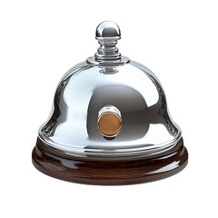 Polished metallic service bell resting on wooden base, isolated on white