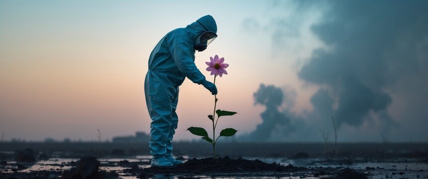 A Lone Flower in a Polluted World. Hope and Resilience Amidst Environmental Decay.
