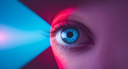 Fototapeta premium Captivating Blue Eye Under Neon Lights, Closeup, Macro Photography, Intricate Detail