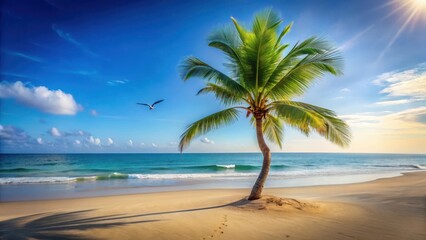 Serene Coastal Scene A Single Palm Tree Stands Tall on a Pristine Sandy Beach, Gentle Waves Lap the Shore Under a Brilliant Sunny Sky, a Bird in Flight Adds a Touch of Tranquility