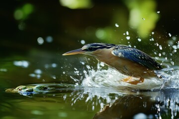Little bittern hunting in shallow waters splashes as it captures its prey, Little bittern Ixobrychus minutus, A bird caught a frog in a pond Slow motion