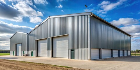 Obraz premium Modern Industrial Metal Building with Large Roll-Up Doors Under a Partly Cloudy Sky