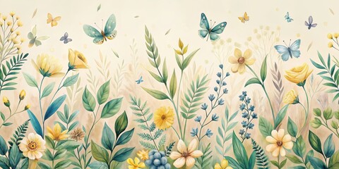 Serene Meadow An Artistic Depiction of Buttercup Blooms and Delicate Butterflies Amongst Lush Greenery